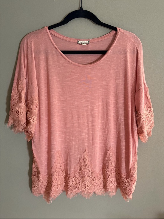 Eyeshadow Tops - Eyeshadow Top Blush Pink Lace Trim XL Linen Blend Blouse Romantic Boho Coquette